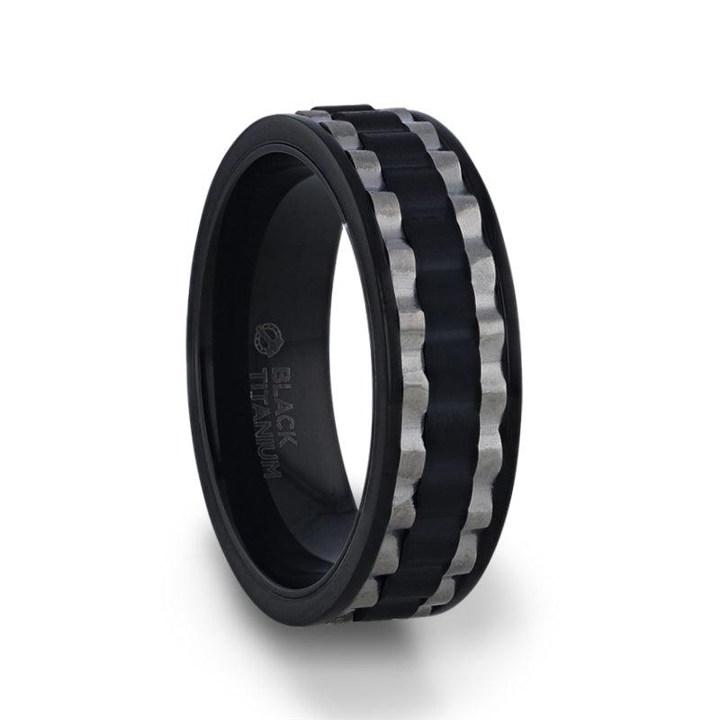 GEAR - Two Toned Wavy Centered Brushed Black Titanium Men's Wedding Band With Flat Polished Edges - 8mm - The Rutile Ltd