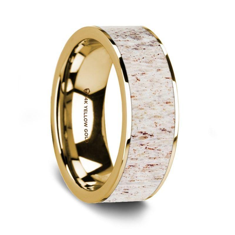 GENOVESE - Flat Polished 14K Yellow Gold Wedding Ring with White Deer Antler Inlay - 8 mm - The Rutile Ltd