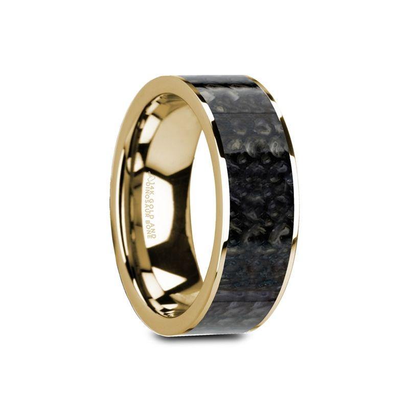 GERONIMO - Flat 14K Yellow Gold with Blue Dinosaur Bone Inlay and Polished Edges - 8mm - The Rutile Ltd