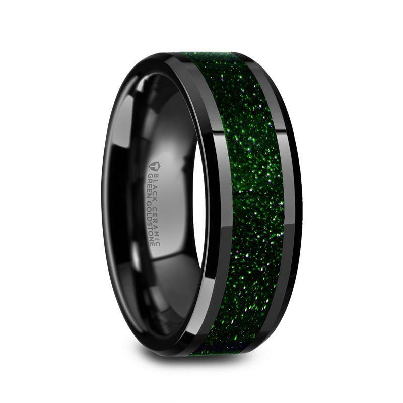 GIOVANNI - Men’s Polished Finish Black Ceramic Beveled Wedding Band with Green Goldstone Inlay - 8mm - The Rutile Ltd