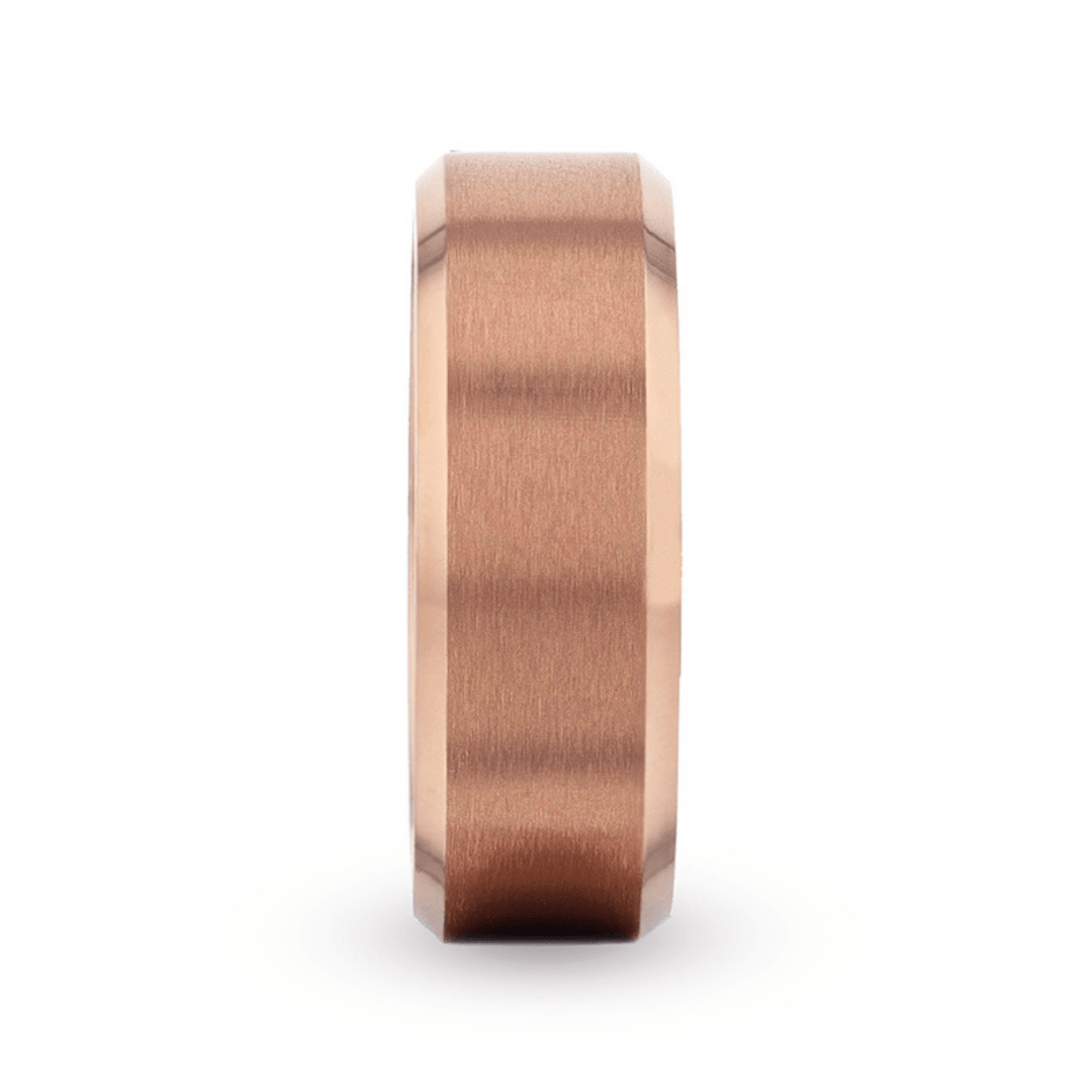 GLORY - Rose Gold Plated Brushed Finish Center Titanium Men's Wedding Band With Polished Beveled Edges - 8mm - The Rutile Ltd