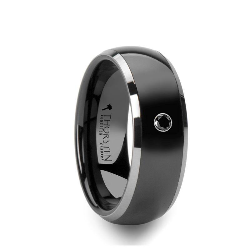 GOTHAM - Domed Black Ceramic Comfort Fit Wedding Band with Polished Tungsten Edges and Black Diamond Setting - 8mm - The Rutile Ltd