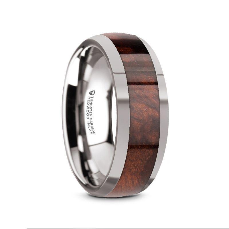 GROVE - Men’s Tungsten Polished Edges Domed Wedding Ring with Redwood Inlay - 8mm - The Rutile Ltd
