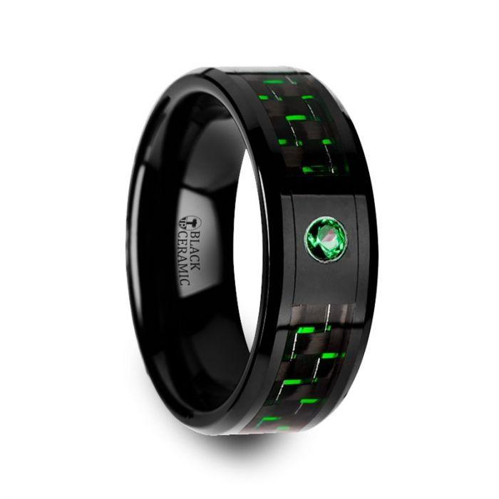 HADAR - Black Ceramic Ring with Black and Green Carbon Fiber and Green Emerald Setting - 8mm - The Rutile Ltd
