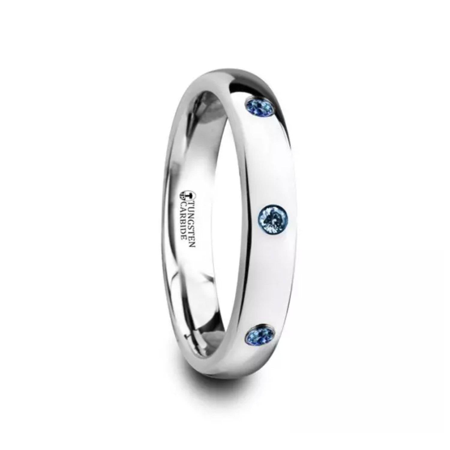 HALIA - Polished and Domed Tungsten Carbide Wedding Ring with 3 Blue Sapphires Setting - 4mm - The Rutile Ltd