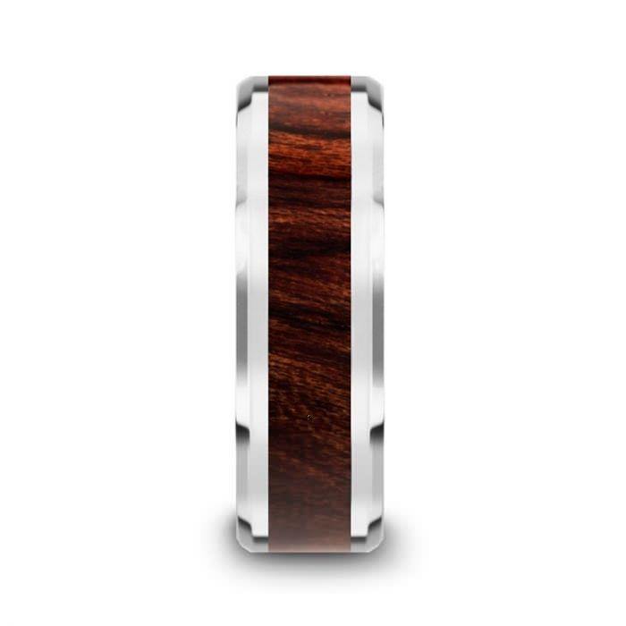 KEVAZ - Bubinga Wood Inlaid Tungsten Carbide Ring with Bevels - 8mm - The Rutile Ltd