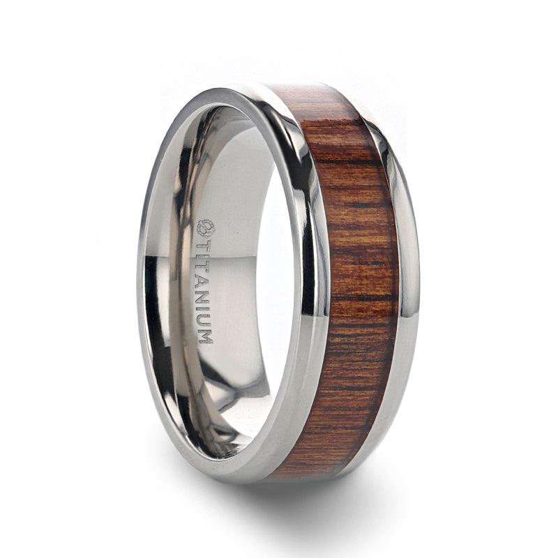 KOAN - Titanium Polished Finish Koa Wood Inlaid Men’s Wedding Ring with Beveled Edges - 8mm - The Rutile Ltd