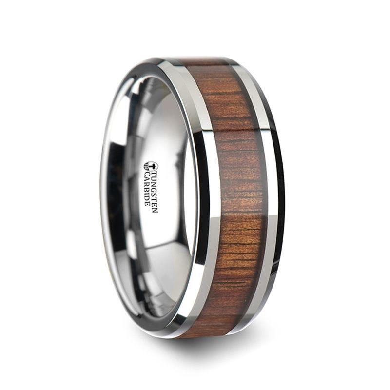 KONA - Koa Wood Inlaid Tungsten Carbide Ring with Bevels - 4mm - 12mm - The Rutile Ltd