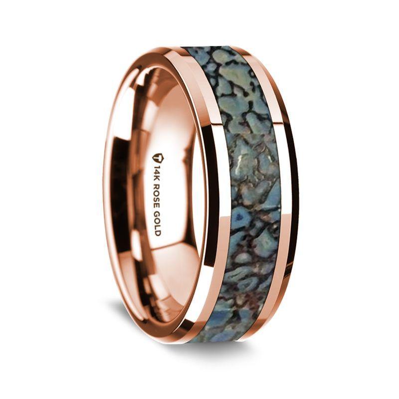 LANCELLE - 14K Rose Gold Polished Beveled Edges Wedding Ring with Blue Dinosaur Inlay - 8 mm - The Rutile Ltd