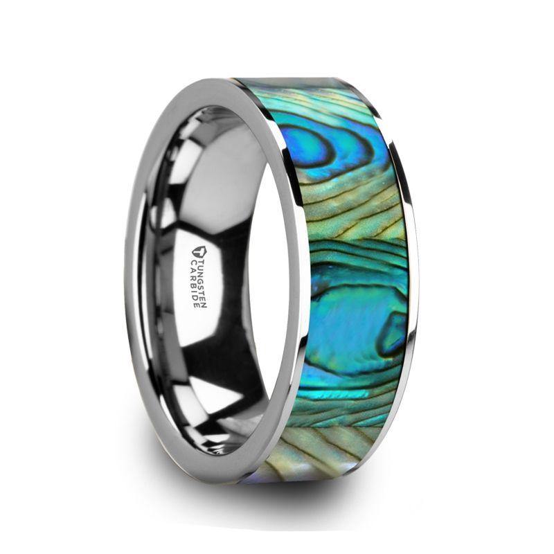 LAURANT - Tungsten Men’s Flat Wedding Band with Mother of Pearl Inlay & Polished Finish - 8mm - The Rutile Ltd