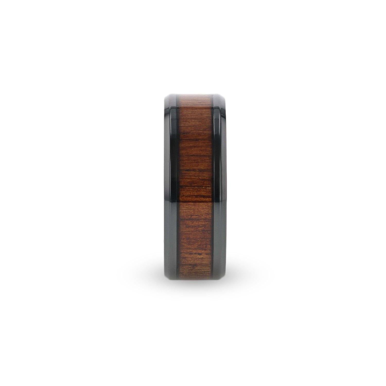 LEIFI - Koa Wood Inlaid Black Titanium Ring with Bevels - 8 mm - The Rutile Ltd