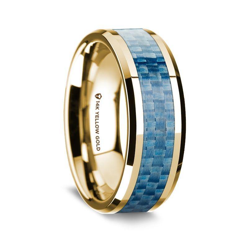 LEILANIA - 14K Yellow Gold Polished Beveled Edges Wedding Ring with Blue Carbon Fiber Inlay - 8 mm - The Rutile Ltd