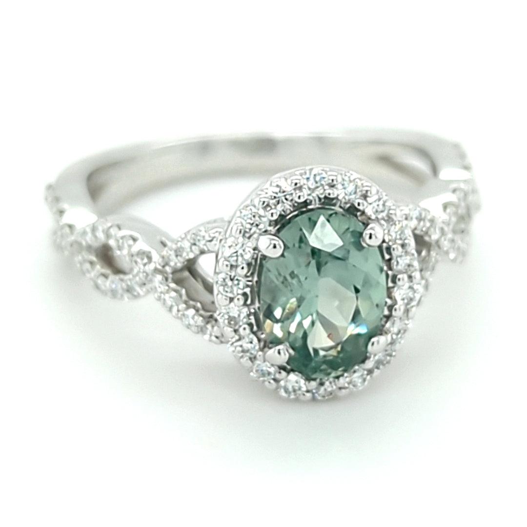 Light Grayish Blue-Green Montana Sapphire and Diamond 14kt White Gold Halo Ring - The Rutile Ltd