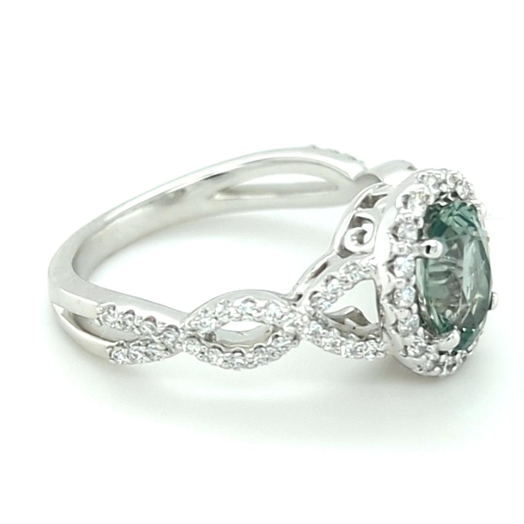 Light Grayish Blue-Green Montana Sapphire and Diamond 14kt White Gold Halo Ring - The Rutile Ltd