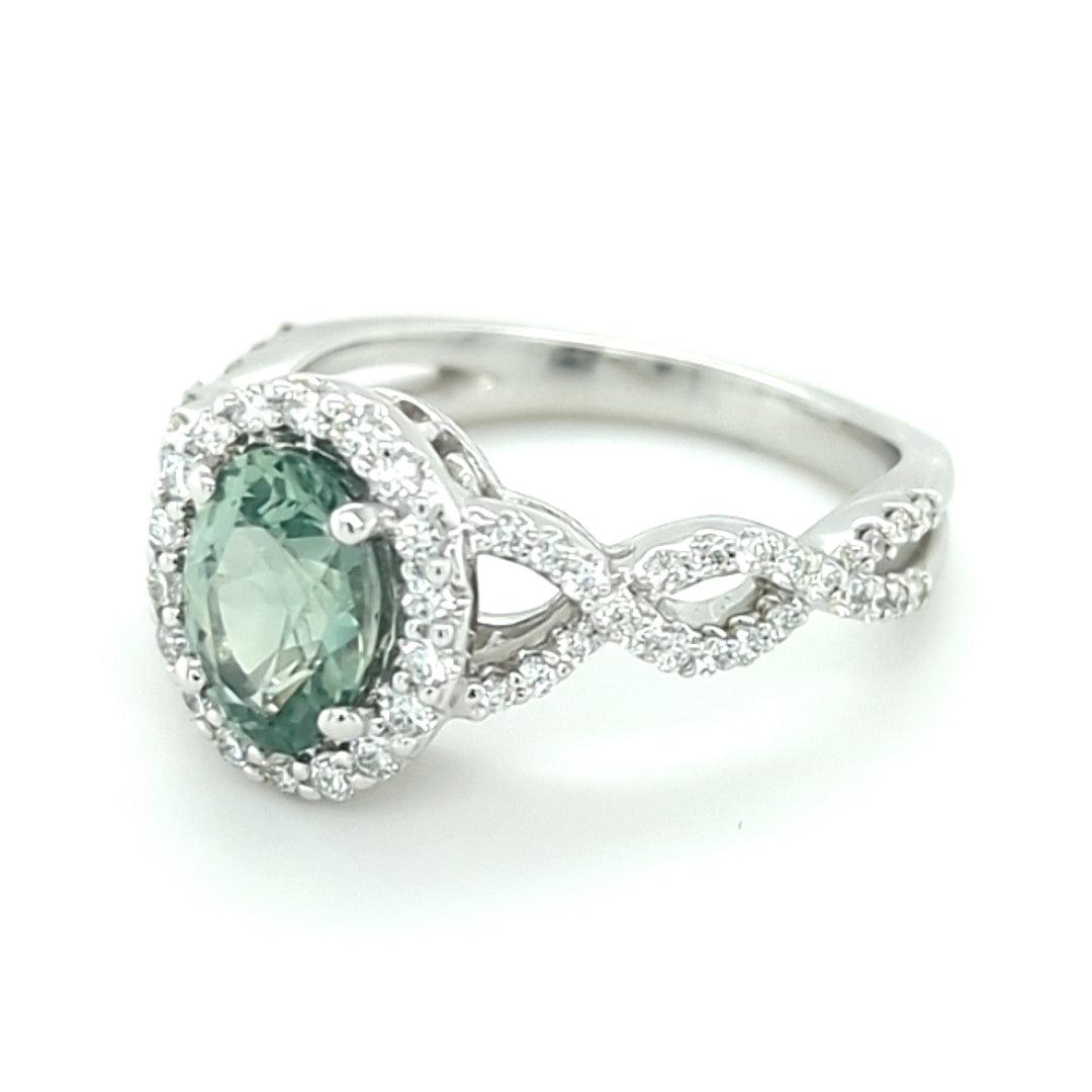 Light Grayish Blue-Green Montana Sapphire and Diamond 14kt White Gold Halo Ring - The Rutile Ltd