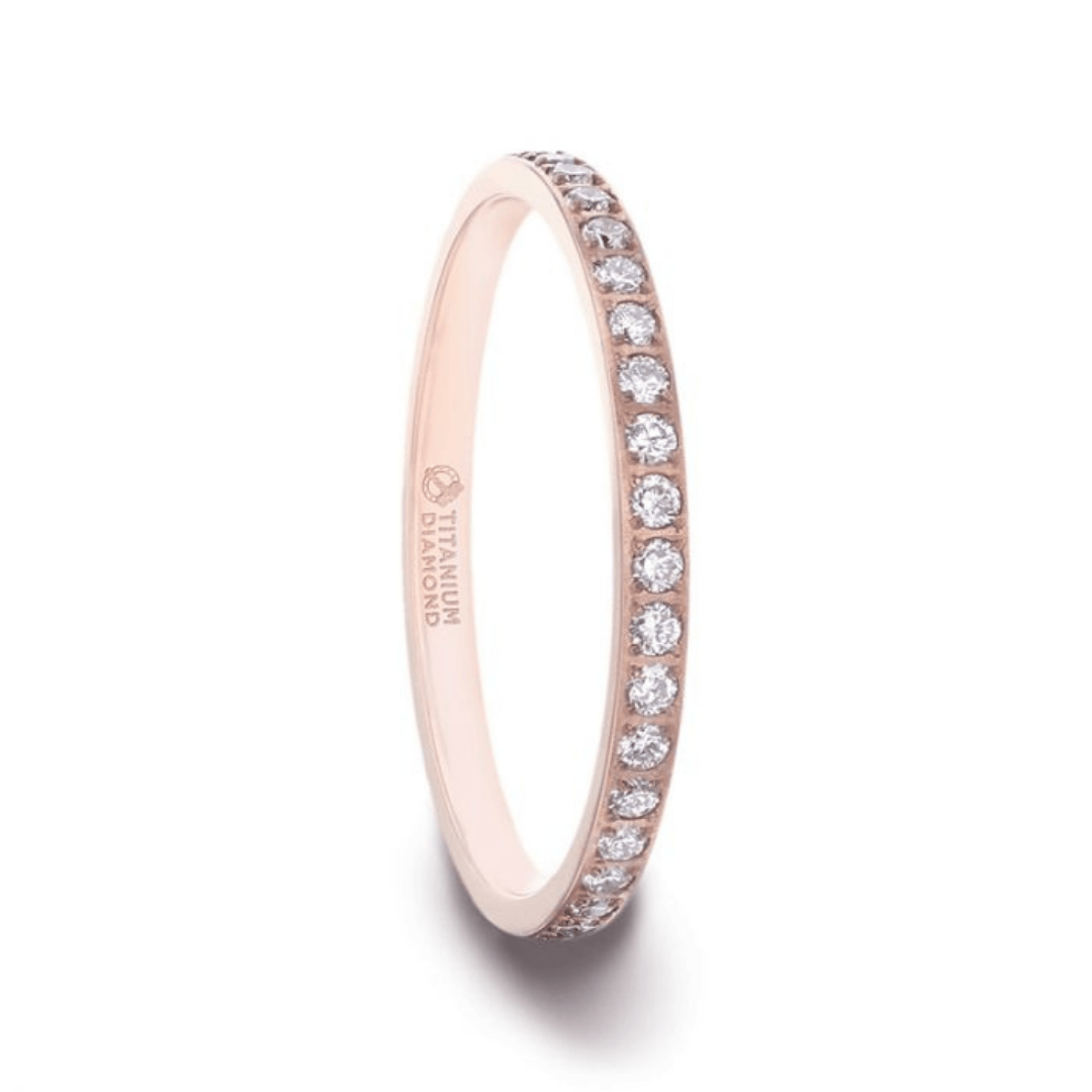 LILLIAN - Flat Polished Rose Gold Plated Titanium Women's Wedding Ring With Small Lab-Created White Diamonds Setting - 2mm - The Rutile Ltd