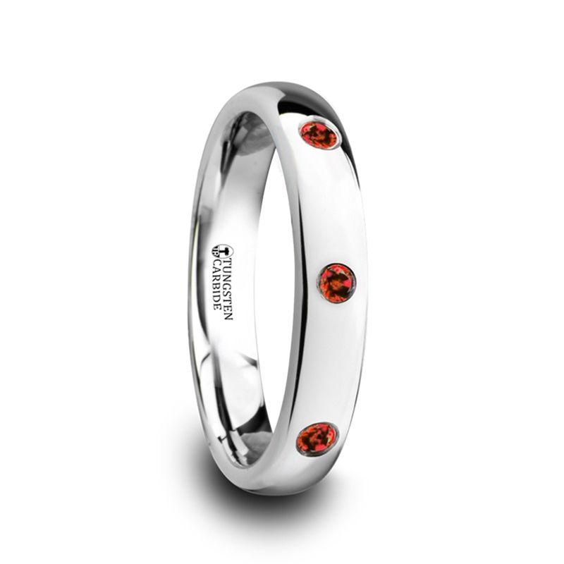 MAERA - Polished and Domed Tungsten Carbide Wedding Ring with 3 Red Rubies Setting - 4mm - The Rutile Ltd