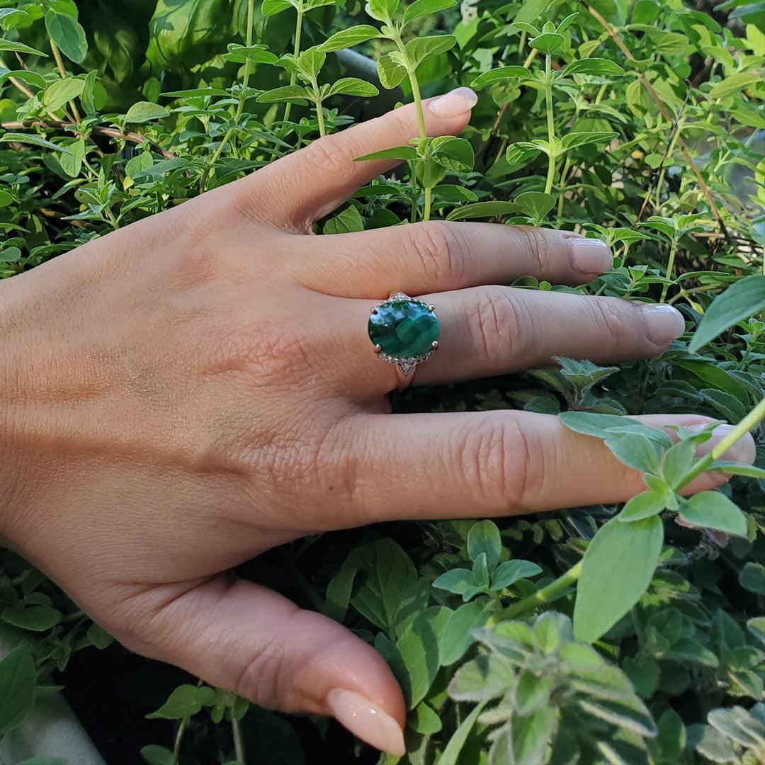 Malachite and Diamond Ring in 14kt Rose Gold - The Rutile Ltd