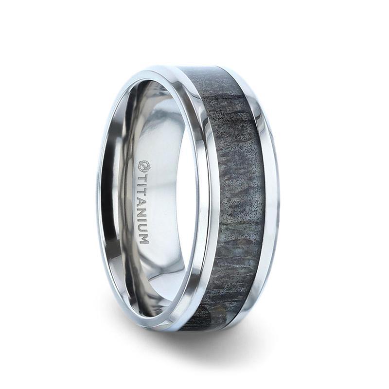 MELANISTIC - Dark Deer Antler Inlaid Titanium Flat Polished Finish Men's Wedding Band With Beveled Edges - 8mm - The Rutile Ltd