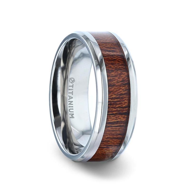 MELIA - Mahogany Wood Inlaid Titanium Flat Polished Finish Men's Wedding Ring With Beveled Edges - 8mm - The Rutile Ltd