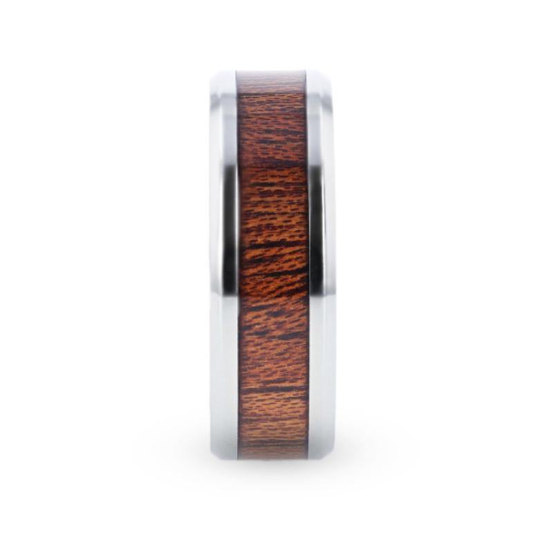 MELIA - Mahogany Wood Inlaid Titanium Flat Polished Finish Men's Wedding Ring With Beveled Edges - 8mm - The Rutile Ltd