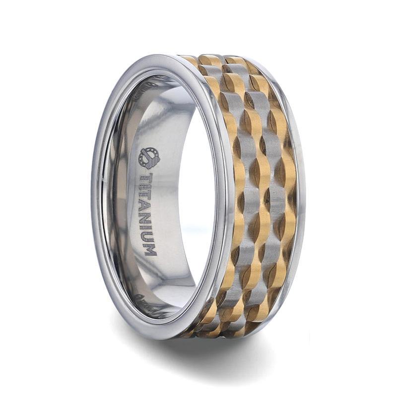 MONTROSE - Wavy Gold And Gunmetal Texture Pattern Inlaid Titanium Men's Wedding Band With Flat Polished Profile - 8mm - The Rutile Ltd