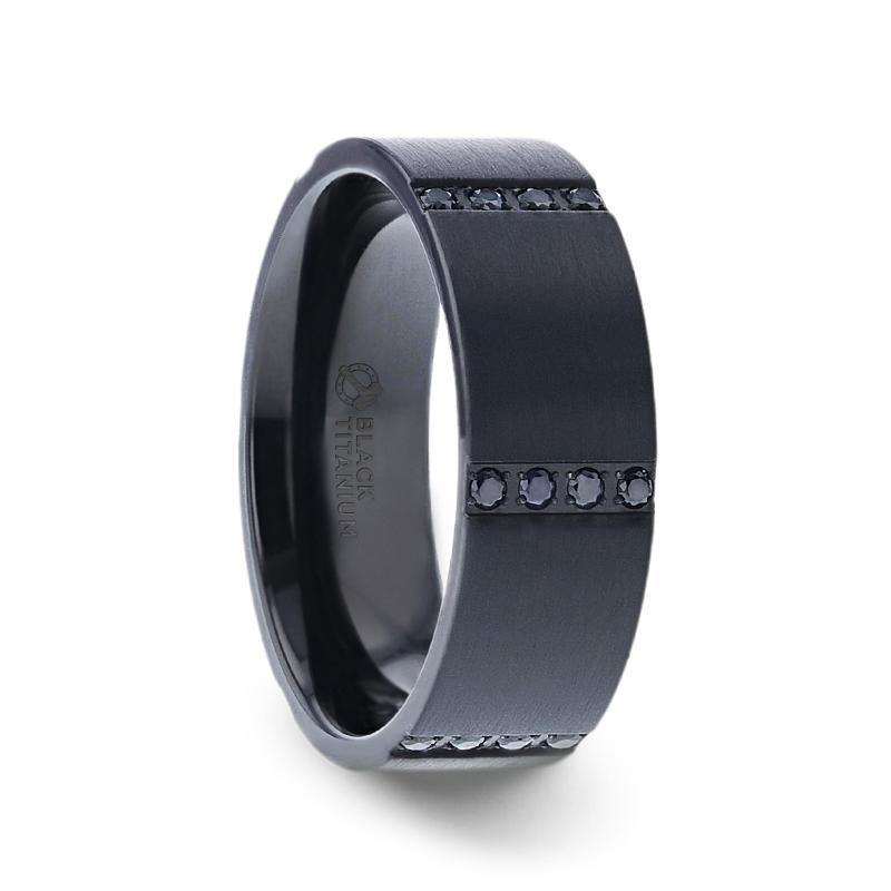 MYSTERIOUS - Flat Brushed Black Titanium Men's Wedding Ring With 6 Sets of Quadruple Black Sapphires In Horizontal Channels - The Rutile Ltd