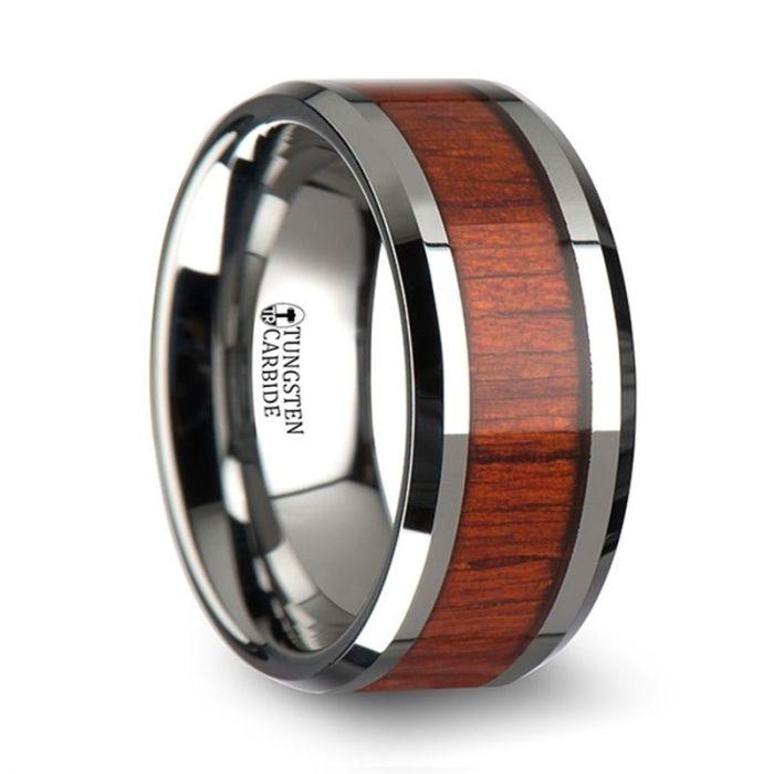 NARRA - Tungsten Wood Inlay Ring with Polished Bevels and Real Padauk Wood Inlay - 6mm - 10mm - The Rutile Ltd