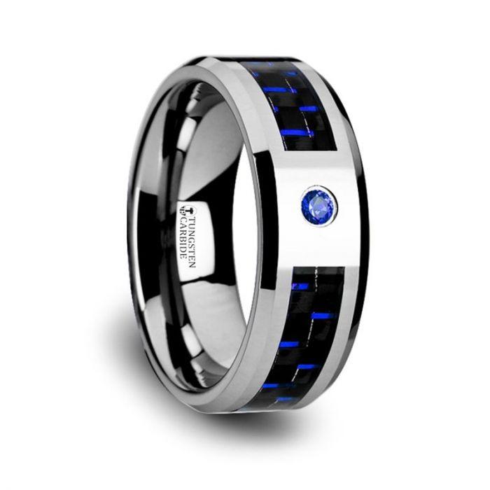 NEPTUNE - Tungsten Carbide Ring with Black and Blue Carbon Fiber and Blue Sapphire Setting with Bevels - 8mm - The Rutile Ltd