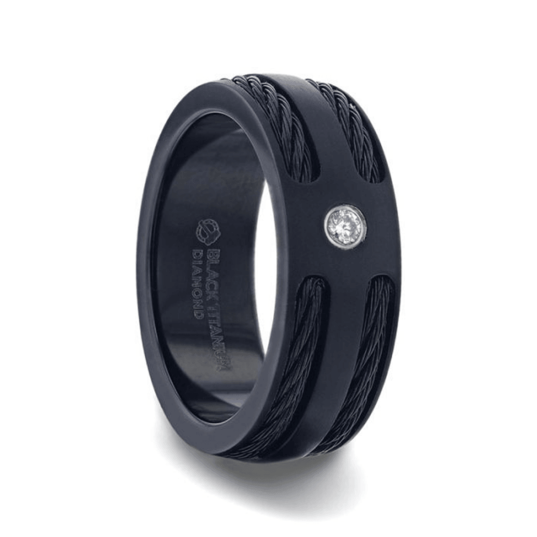 NOIR - Double Black Rope Inlaid Brushed Matte Black Titanium Men's Wedding Band With Black Edge Channel Setting And White Diamond In The Center - 8mm - The Rutile Ltd