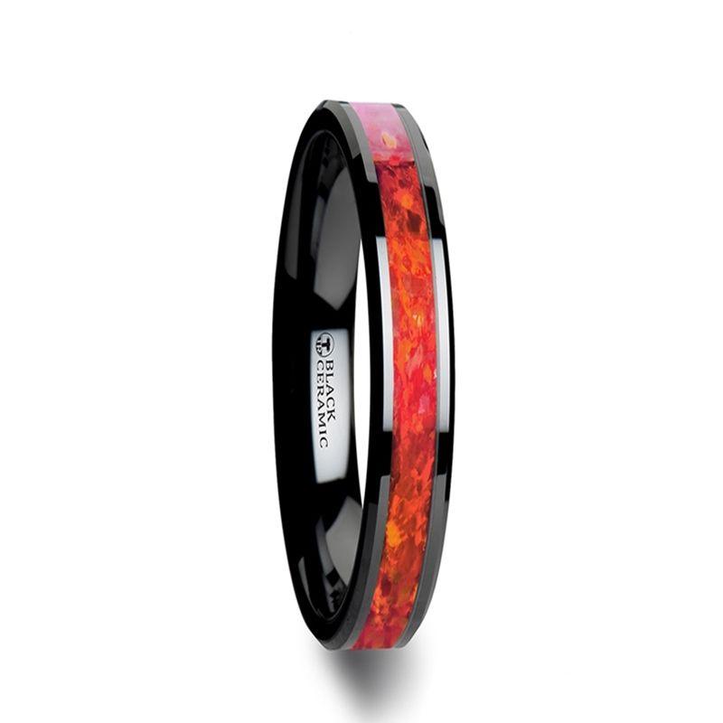 NOVA - Black Ceramic Wedding Band with Beveled Edges and Red Opal Inlay - 4mm - 8mm - The Rutile Ltd