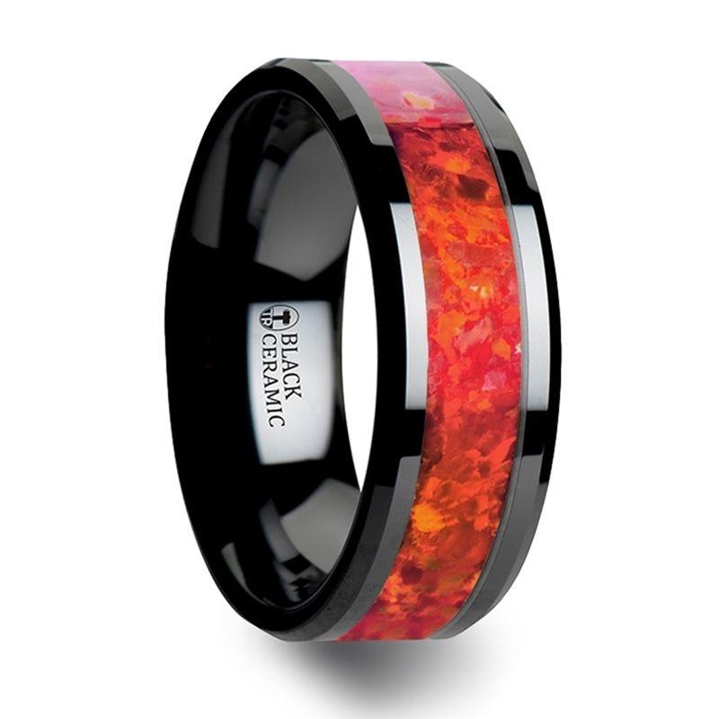 NOVA - Black Ceramic Wedding Band with Beveled Edges and Red Opal Inlay - 4mm - 8mm - The Rutile Ltd