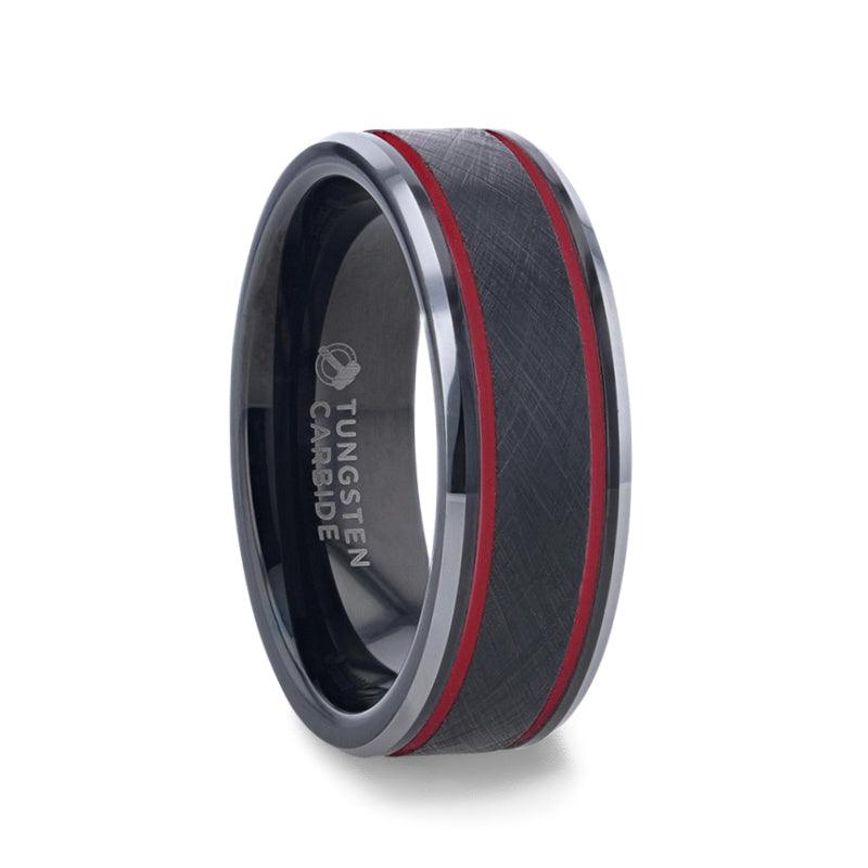 OLIS - Wire Finish Centered Black Tungsten Men's Wedding Band With Double Red Stripe Polished Beveled Edges - 8mm - The Rutile Ltd