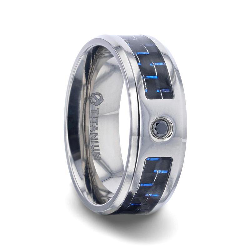 PACIFIC - Black And Blue Carbon Fiber Inlaid Titanium Men's Wedding Band With Beveled Polished Edges and Black Sapphire Center Stone - 8mm - The Rutile Ltd