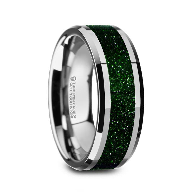 PATRICK - Men’s Polished Finish Beveled Edges Tungsten Wedding Band with Green Goldstone Inlay - 8mm - The Rutile Ltd
