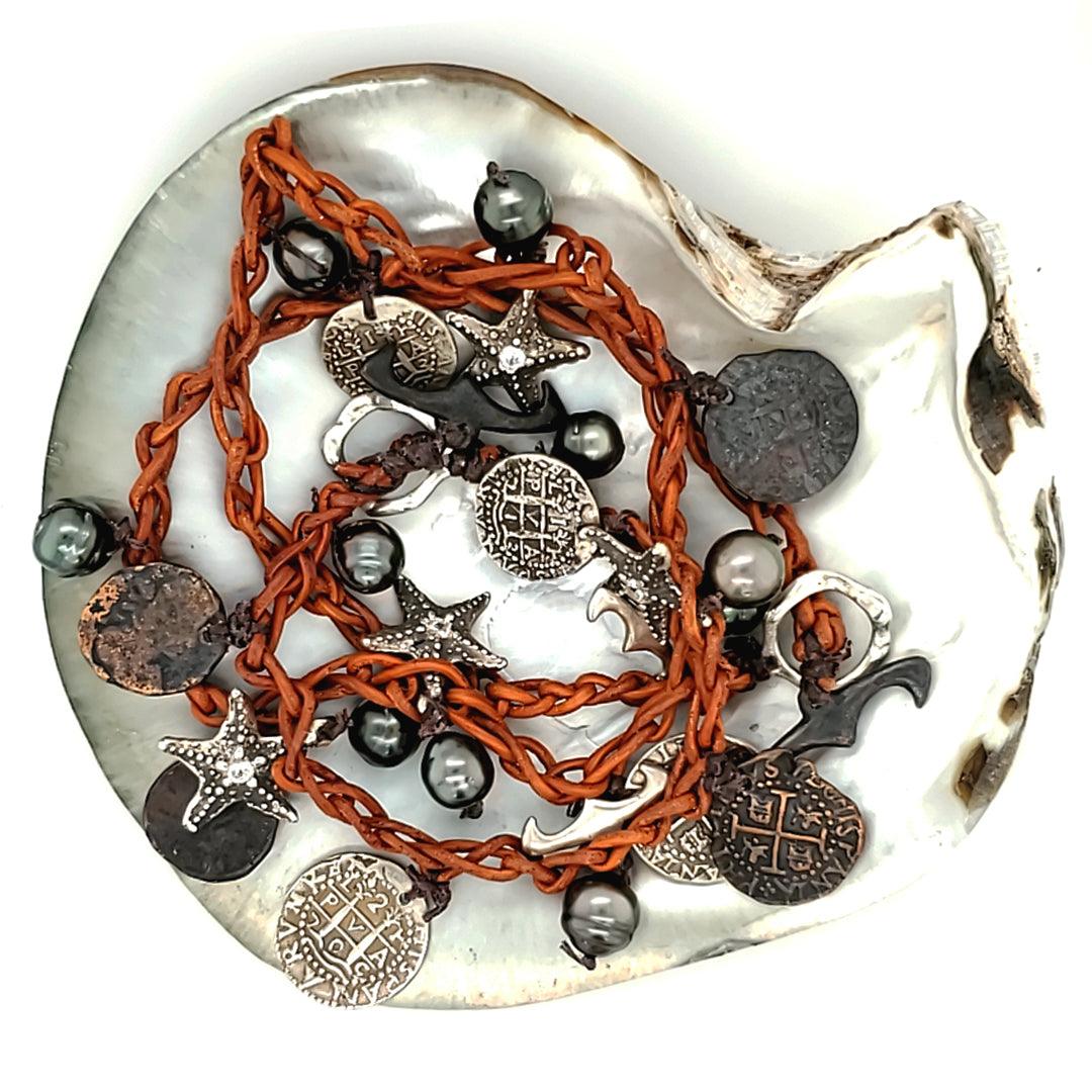 “Pearl Star” - Handmade Tahitian Pearl, Starfish, and Coin Leather Necklace and Bracelet Suite - The Rutile Ltd