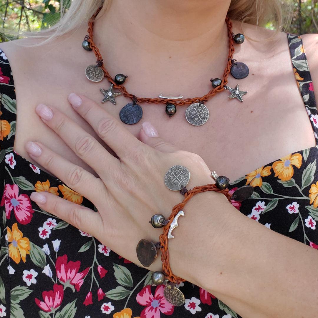 “Pearl Star” - Handmade Tahitian Pearl, Starfish, and Coin Leather Necklace and Bracelet Suite - The Rutile Ltd