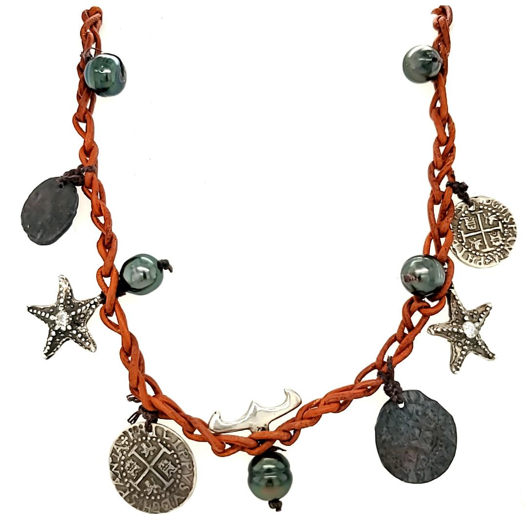 “Pearl Star” - Handmade Tahitian Pearl, Starfish, and Coin Leather Necklace and Bracelet Suite - The Rutile Ltd