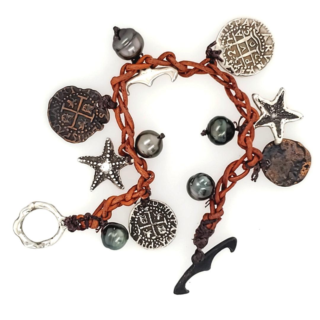 “Pearl Star” - Handmade Tahitian Pearl, Starfish, and Coin Leather Necklace and Bracelet Suite - The Rutile Ltd