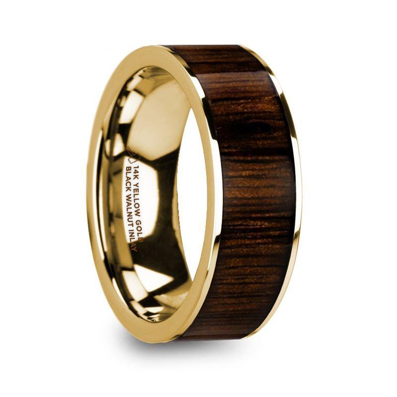 PELAGIA - Men’s Polished 14k Yellow Gold with Black Walnut Inlay Wedding Ring - 8mm - The Rutile Ltd