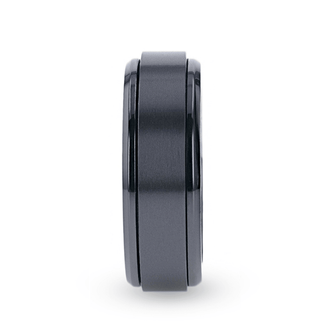 PHANTOM - Black Titanium Brushed Center Spinner Men's Wedding Ring With Spinning Polished Base - 8mm - The Rutile Ltd