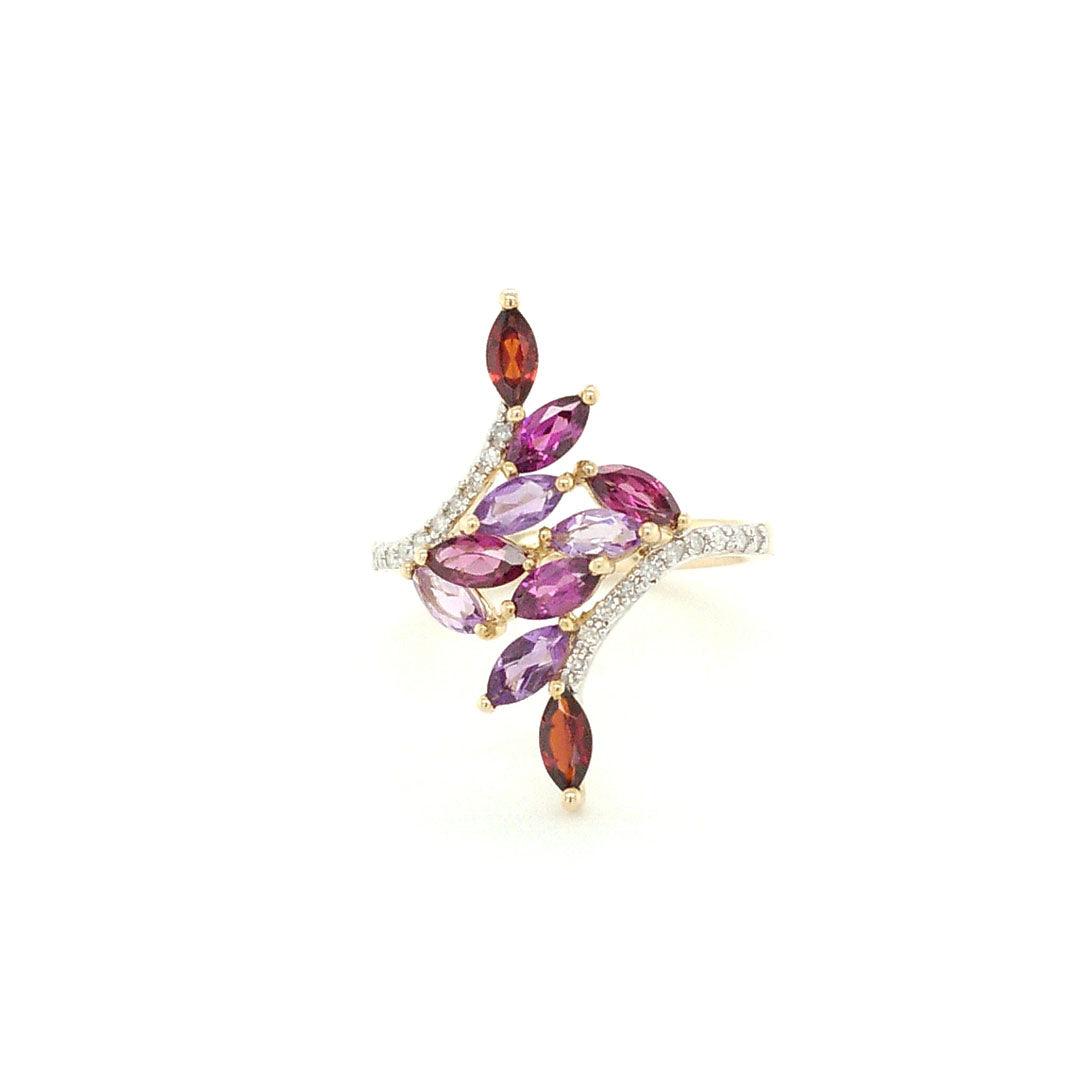 Rhodolite Garnet, Amethyst, Almandine Garnet, and Diamond Bypass Ring in 10k Yellow Gold - The Rutile Ltd