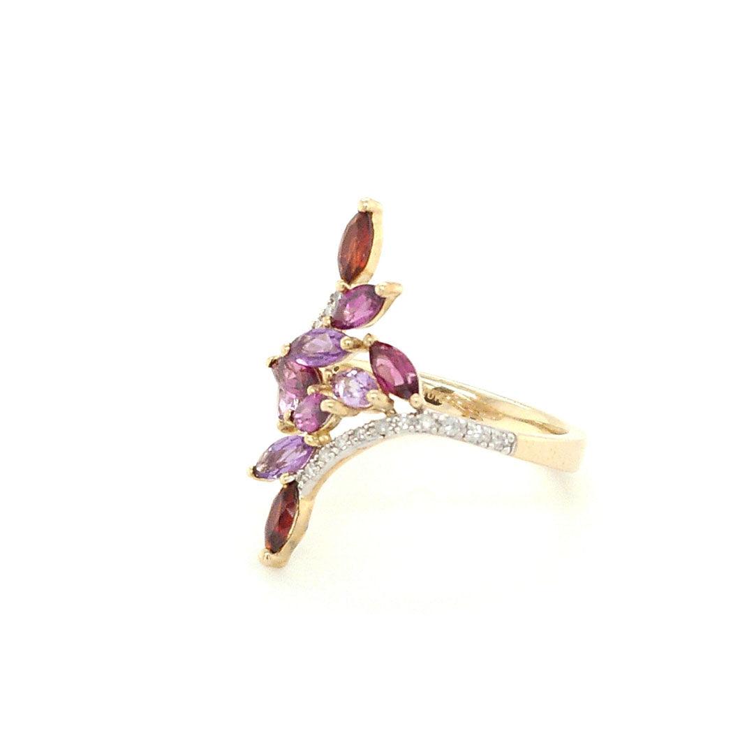 Rhodolite Garnet, Amethyst, Almandine Garnet, and Diamond Bypass Ring in 10k Yellow Gold - The Rutile Ltd