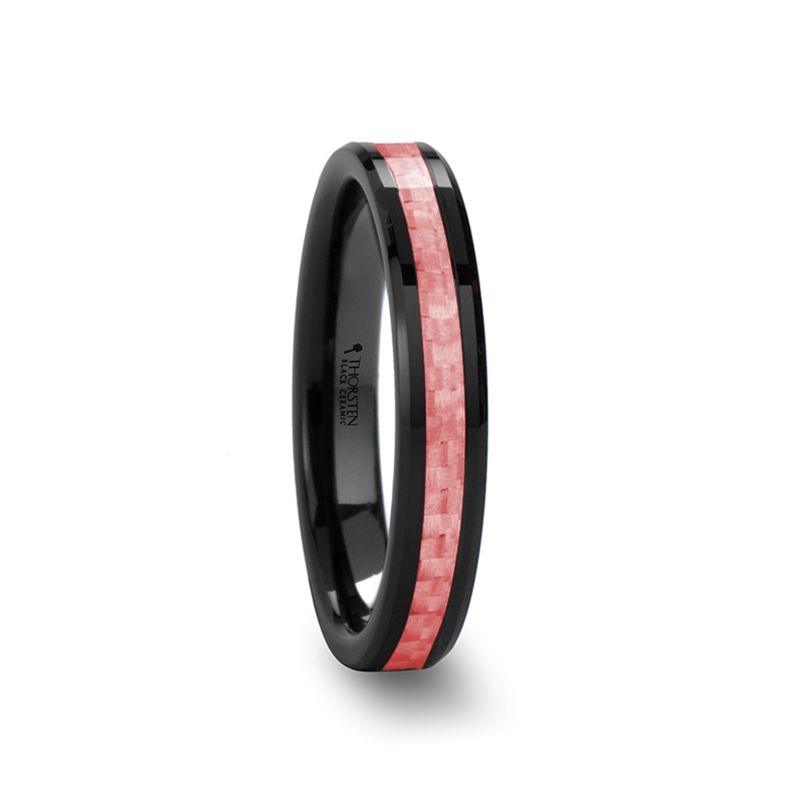 ROSA - Women's Beveled Black Ceramic Ring with Pink Carbon Fiber Inlay - 4mm & 6 mm - The Rutile Ltd