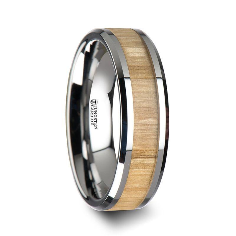 SAMARA - Tungsten Ring with Polished Bevels and Real Wood Ash Wood Inlay - 6mm - 10mm - The Rutile Ltd