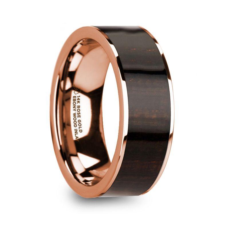 SERAPHIM - Men’s Polished 14k Rose Gold with Ebony Wood Inlay Wedding Ring - 8mm - The Rutile Ltd