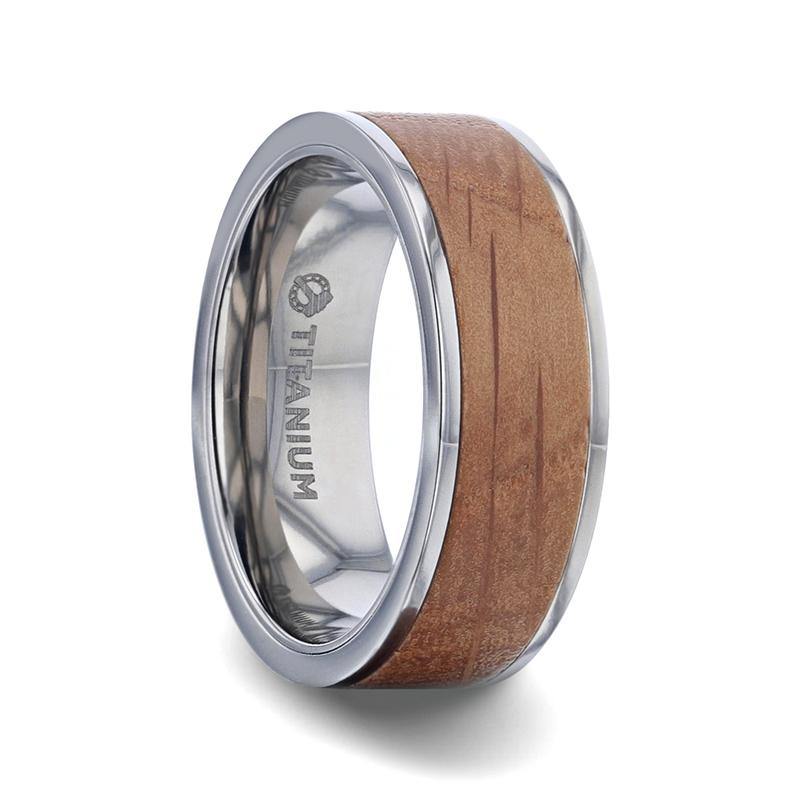 STILL - Whiskey Barrel Inlaid Titanium Men's Wedding Band With Flat Polished Edges Made From Genuine Whiskey Barrels Used By Jack Daniel's Distillery - 8mm - The Rutile Ltd