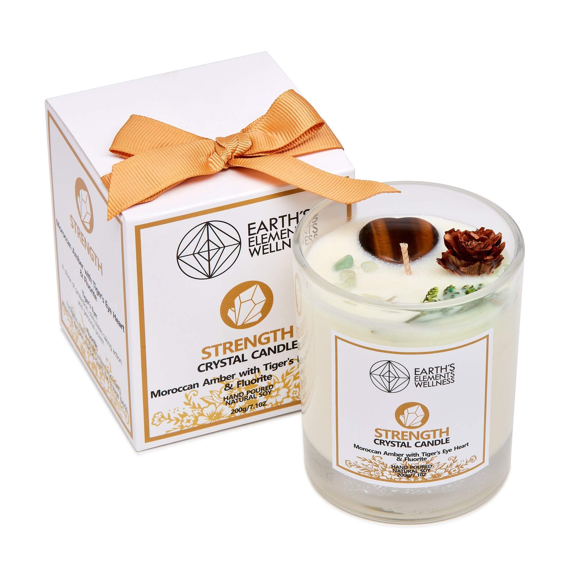 Strength Crystal Candle - Coroccan Amber with Tiger's Eye Heart and Fluorite - The Rutile Ltd