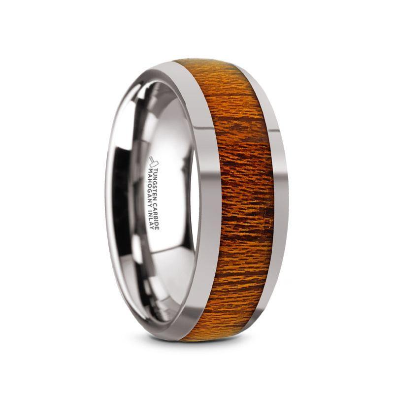 SWIETENIA - Tungsten Carbide Mahogany Wood Inlay Men’s Domed Wedding Ring with Polished Finish - 8mm - The Rutile Ltd