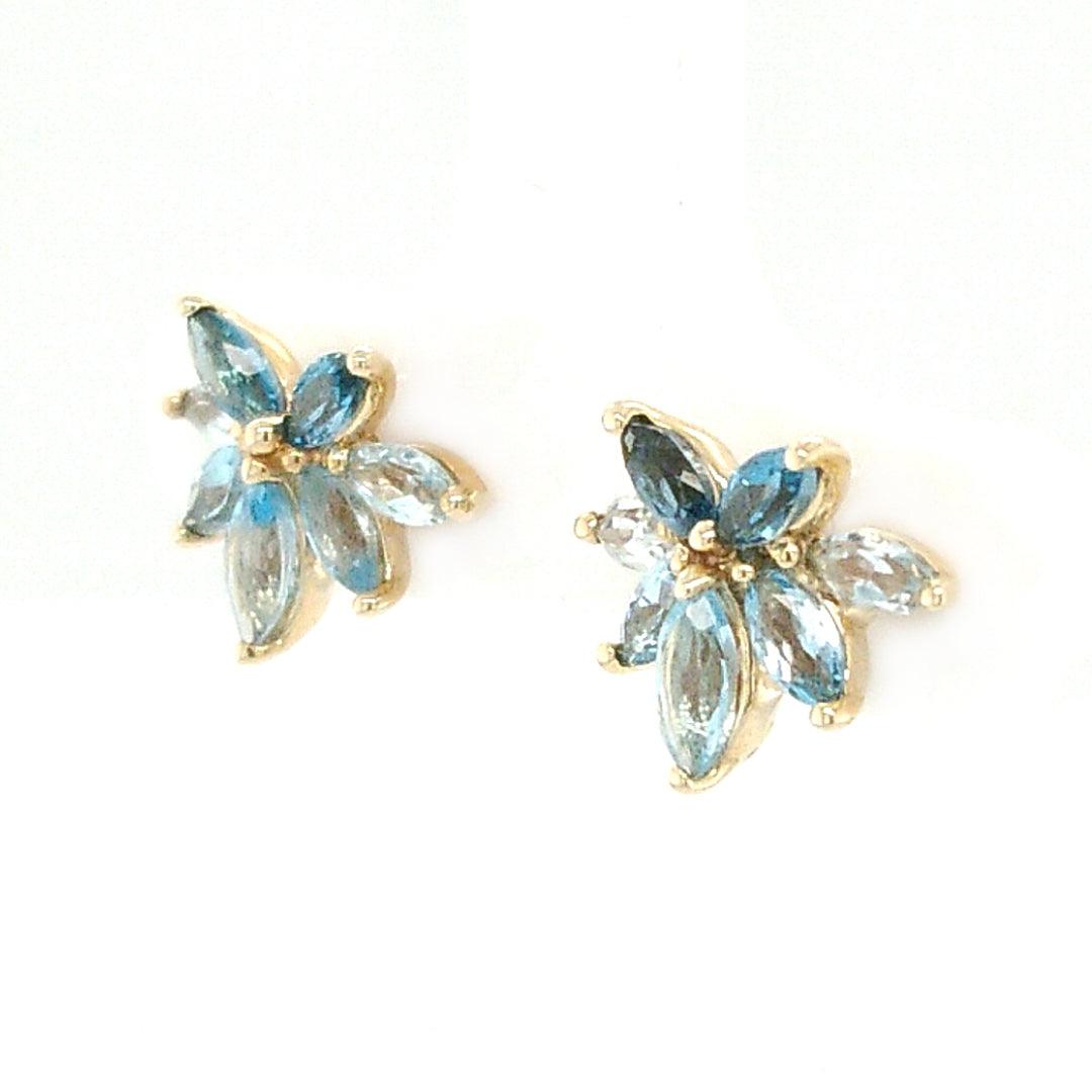 Swiss Blue, London Blue, and Sky Blue Topaz Waterlily Earrings in 10k Gold - The Rutile Ltd